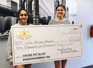 Group co-founders Sabina Khan and Lauren Carlson hold a check for a 1,500 donation from local charity, Burgers and Bands. “We are so excited to keep fighting the good fight with you,” the group said.
