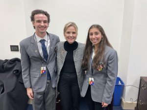 Aidan Judge (left) and Kayla Patel (right) pose with District 33 Senator Dawn Gile. “Senator Dawn Gile is incredible and cares so much about our community; it was fascinating to see someone from Severna Park in a position to make change,” Judge said.