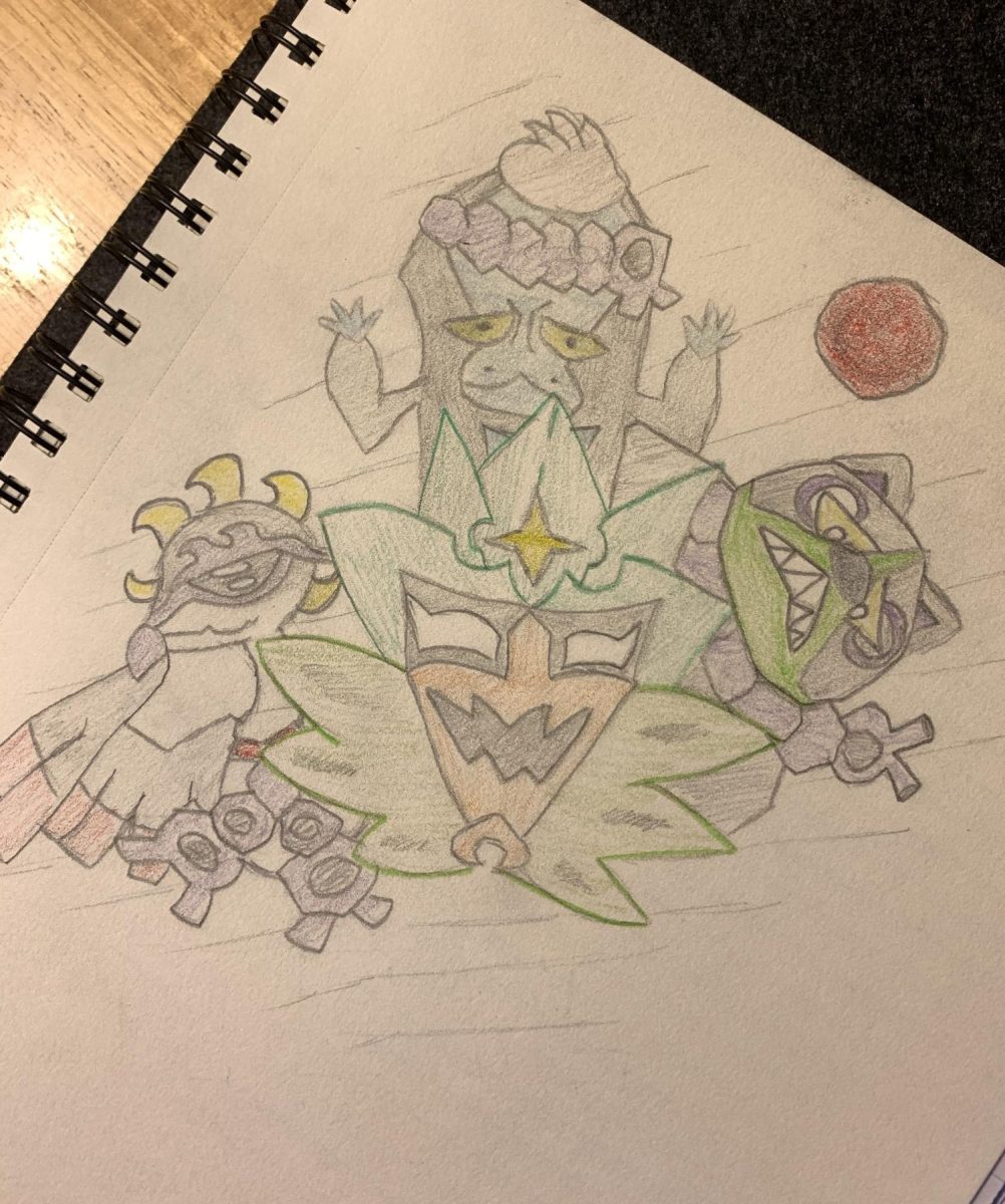  A sketch of the four new legendary Pokémon introduced in the DLC. In the center is the Mask Pokémon Ogerpon, top left is Munkidori, top right is Okidogi and the bottom left is Fezandipiti