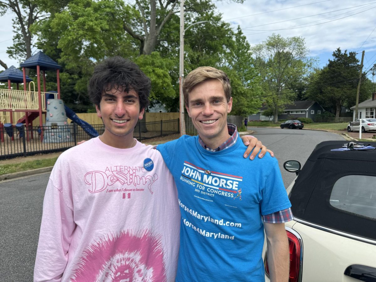 Around 4:20 p.m. on Tuesday, May 5, Severna Park High School senior Shubh Agnihotri and Congressional candidate John Morse stand near the Pip Moyer Recreation Center in downtown Annapolis as they regroup after knocking on 44 doors together. “You can always be an asset to your community if you work hard enough to do it, so I really encourage you to look around about the stuff you really care about,” Agnihotri said. Agnihotri coordinated the Young Democrats meeting which John Morse attended to inform youth voters about his policies and the importance of voting/registering to vote.

