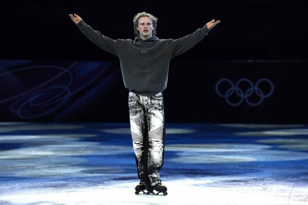 Ilia Malinin after performing his Olympic gala exhibition skate at Milan Cortina, Italy. Wearing a hoodie and jeans, Malinin skated to “Fear” by NF. The world champion figure skater raised awareness on the impact of social media on mental health after his unexpected loss during the 2026 Winter Olympic Games.