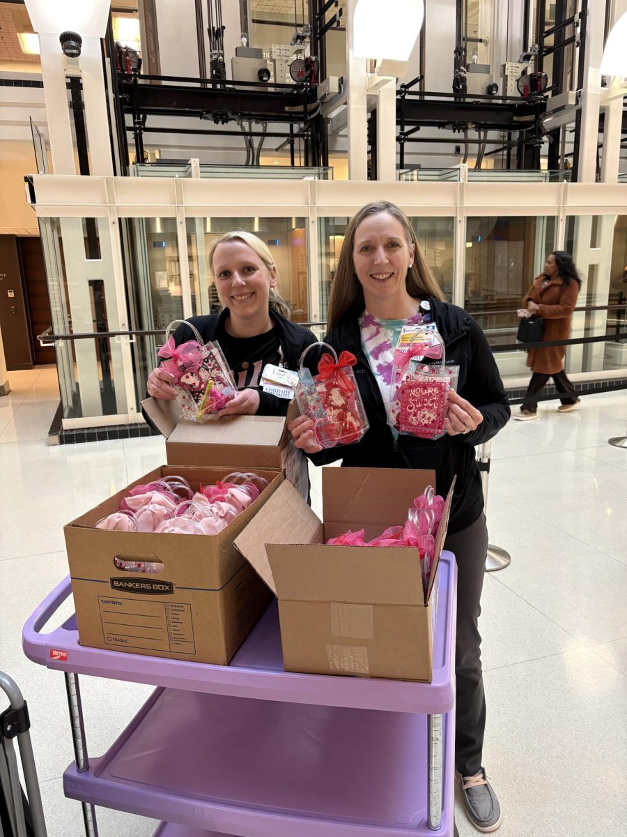 Two administrators in the Children’s department of Golisano Hospital are seen posing with the student crafted Valentines. Both women are standing in the main lobby, getting ready to distribute the bags. Laura, featured on the left, and Becky, featured on the right, expressed their gratitude and excitement regarding the donations.