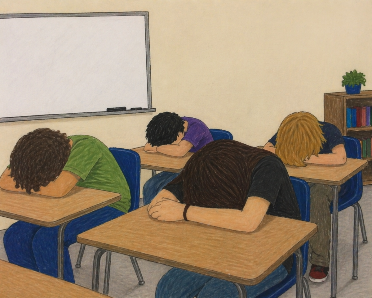 This photo shows the harsh reality of the state testing and SAT testing. Many students are always tired or drained after taking a test for two and a half hours. Most students would like to leave after but they do not want to miss any important class and have to make up the work another day. Some teachers are nice and thoughtful and give the students an easy period while some give you so much work even though you just worked so hard. 